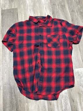 LOGEEYAR Men's Red and Black Plaid Short Sleeve Button Down Shirt XL